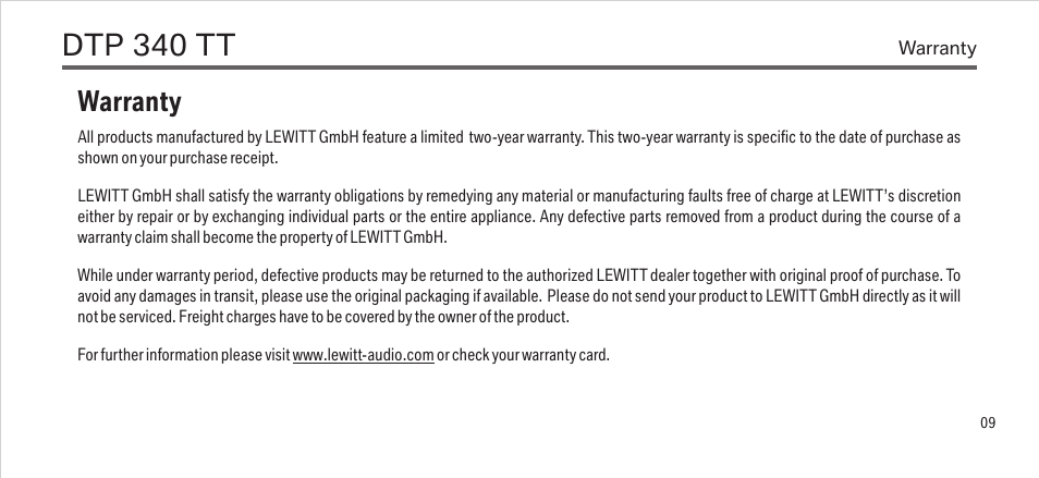Dtp 340 tt, Warranty | LEWITT DTP 340 TT User Manual | Page 9 / 12