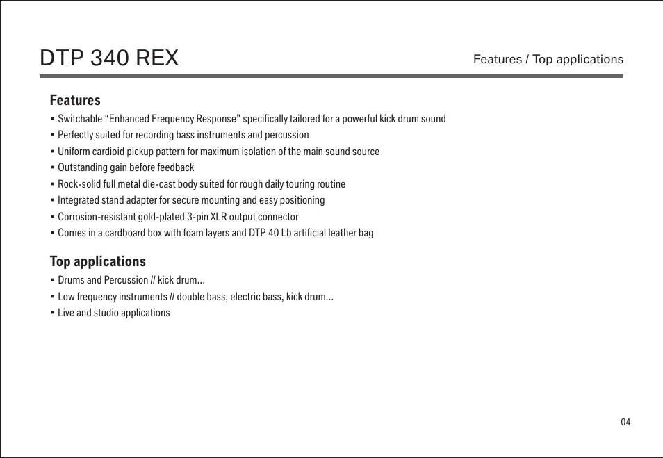 Dtp 340 rex, Features, Top applications | LEWITT DTP 340 REX User Manual | Page 4 / 14