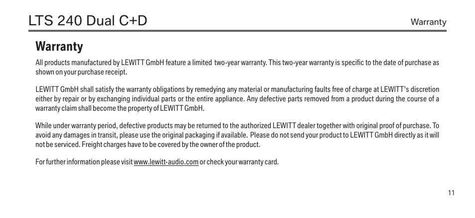 Lts 240 dual c+d, Warranty | LEWITT LTS 240 Dual C+D User Manual | Page 11 / 14