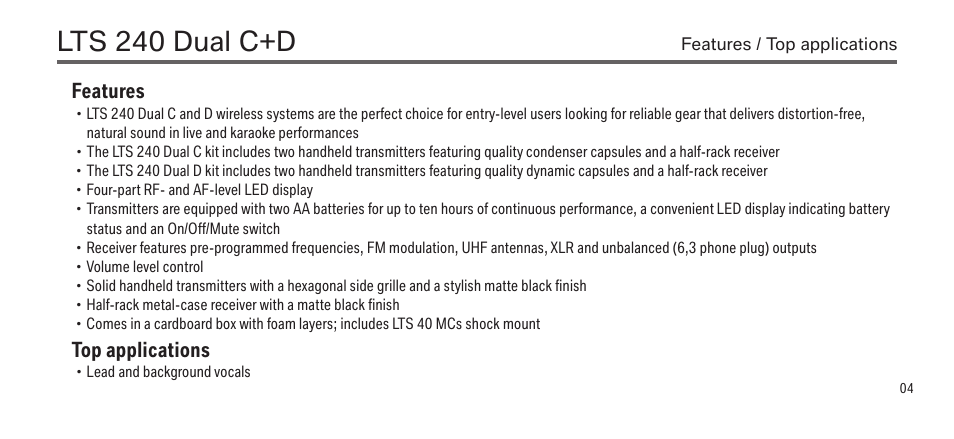 Lts 240 dual c+d, Features, Top applications | LEWITT LTS 240 Dual C+D User Manual | Page 4 / 14