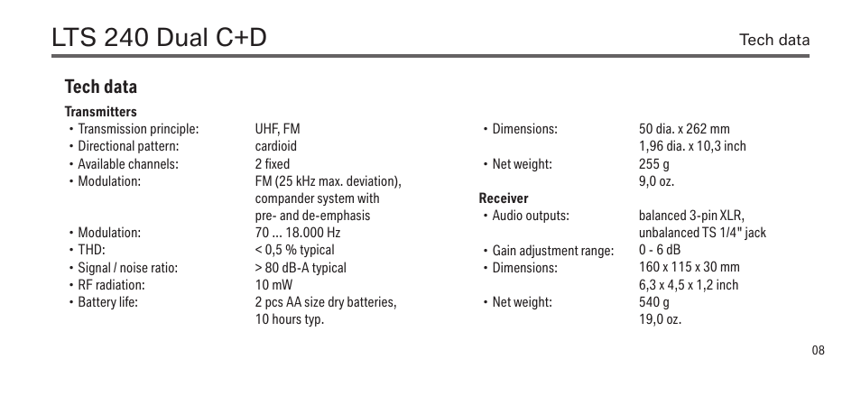 Lts 240 dual c+d, Tech data | LEWITT LTS 240 Dual C+D User Manual | Page 8 / 14