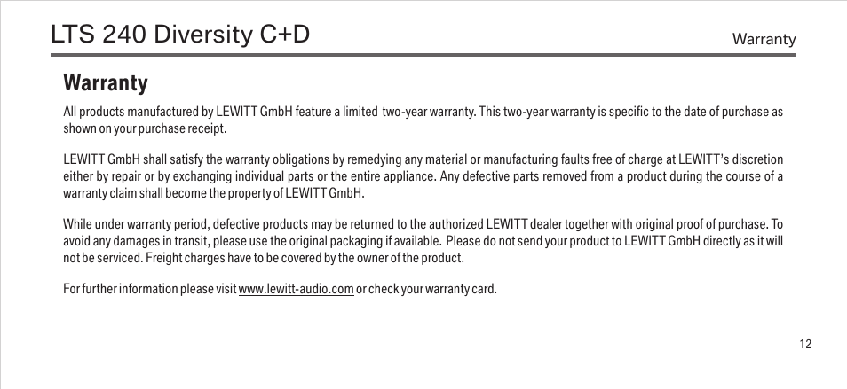 Lts 240 diversity c+d, Warranty | LEWITT LTS 240 Diversity C+D User Manual | Page 11 / 14