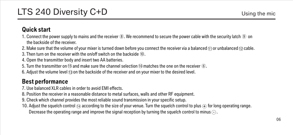 Lts 240 diversity c+d, Quick start, Best performance | LEWITT LTS 240 Diversity C+D User Manual | Page 6 / 14