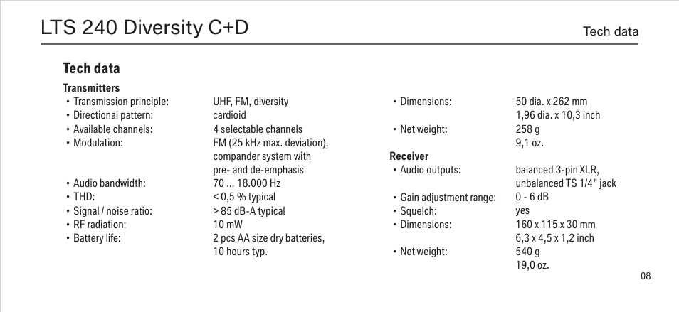 Lts 240 diversity c+d, Tech data | LEWITT LTS 240 Diversity C+D User Manual | Page 8 / 14