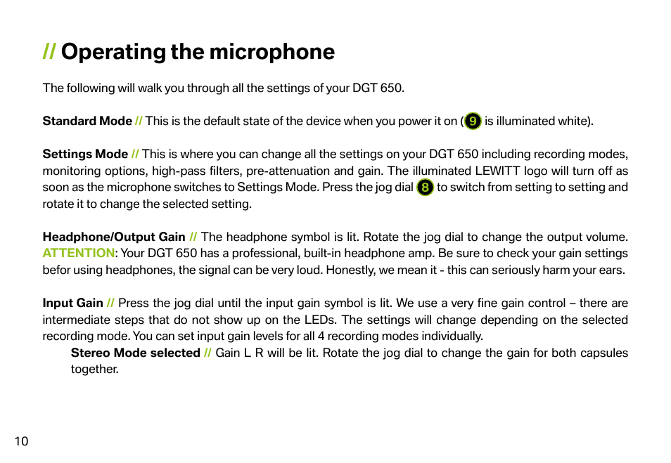 Operating the microphone | LEWITT DGT 650 User Manual | Page 10 / 16