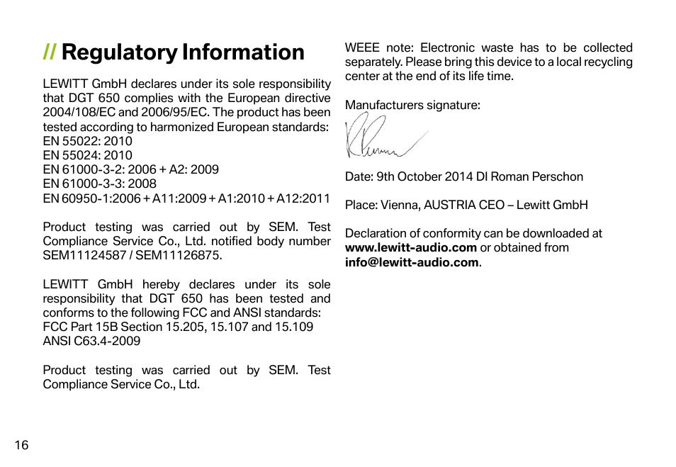 Regulatory information | LEWITT DGT 650 User Manual | Page 16 / 16