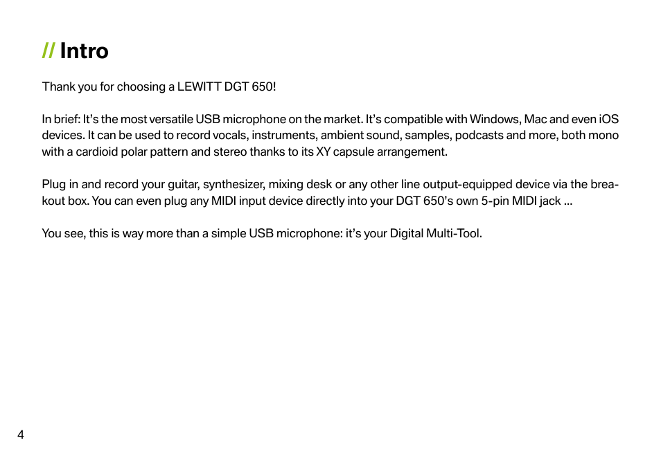 Intro | LEWITT DGT 650 User Manual | Page 4 / 16