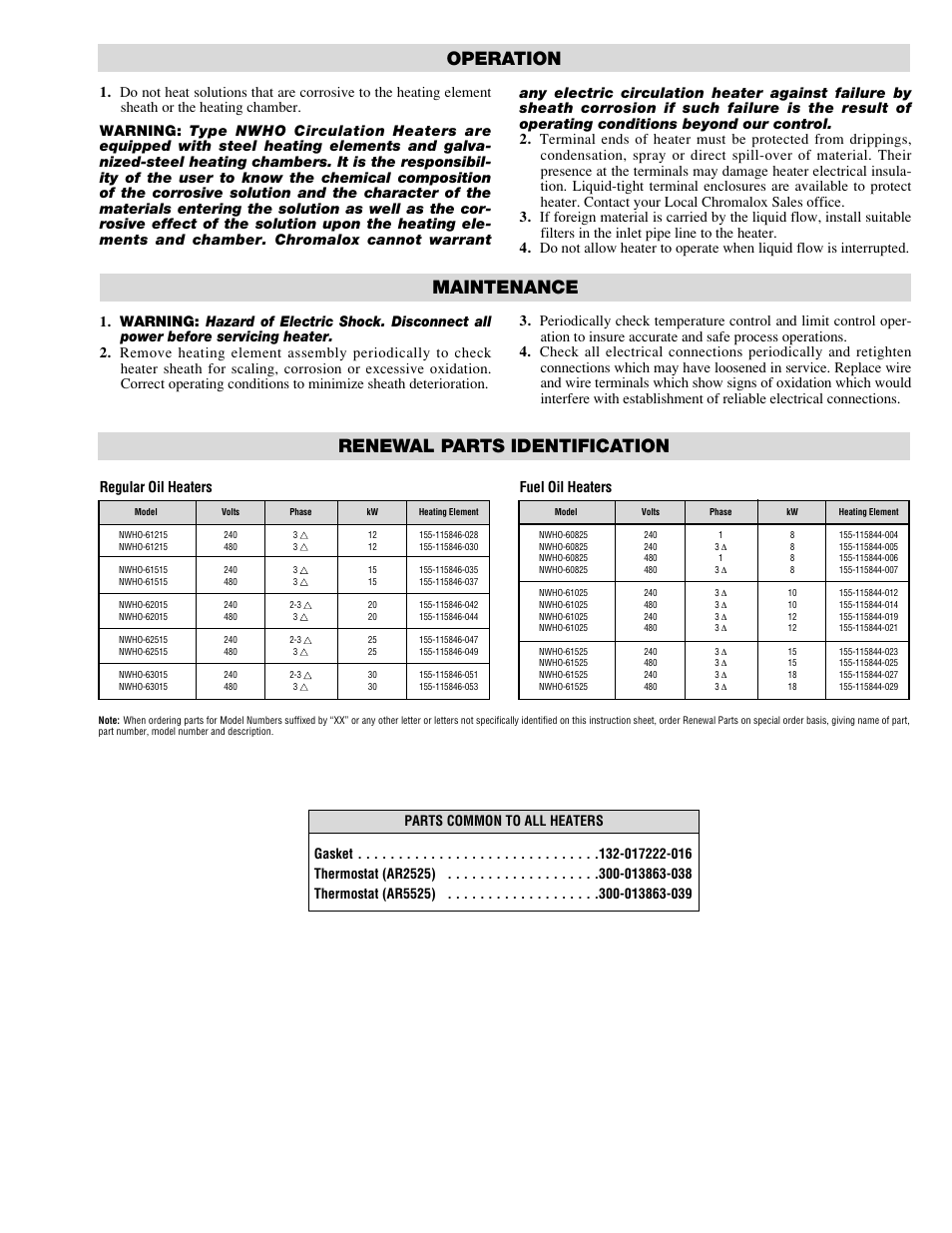 Operation, Maintenance, Renewal parts identification | Regular oil heaters, Fuel oil heaters | Chromalox NWHO-6 User Manual | Page 3 / 4
