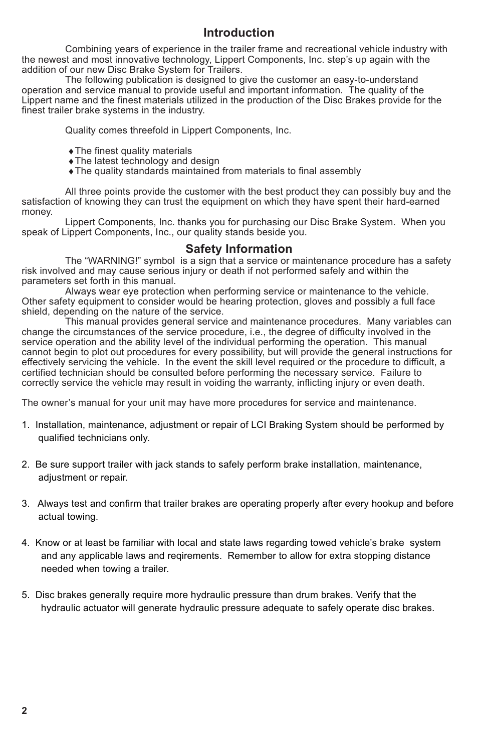 Introduction, Safety information | Lippert Components Disc Brake System For Trailers User Manual | Page 2 / 7