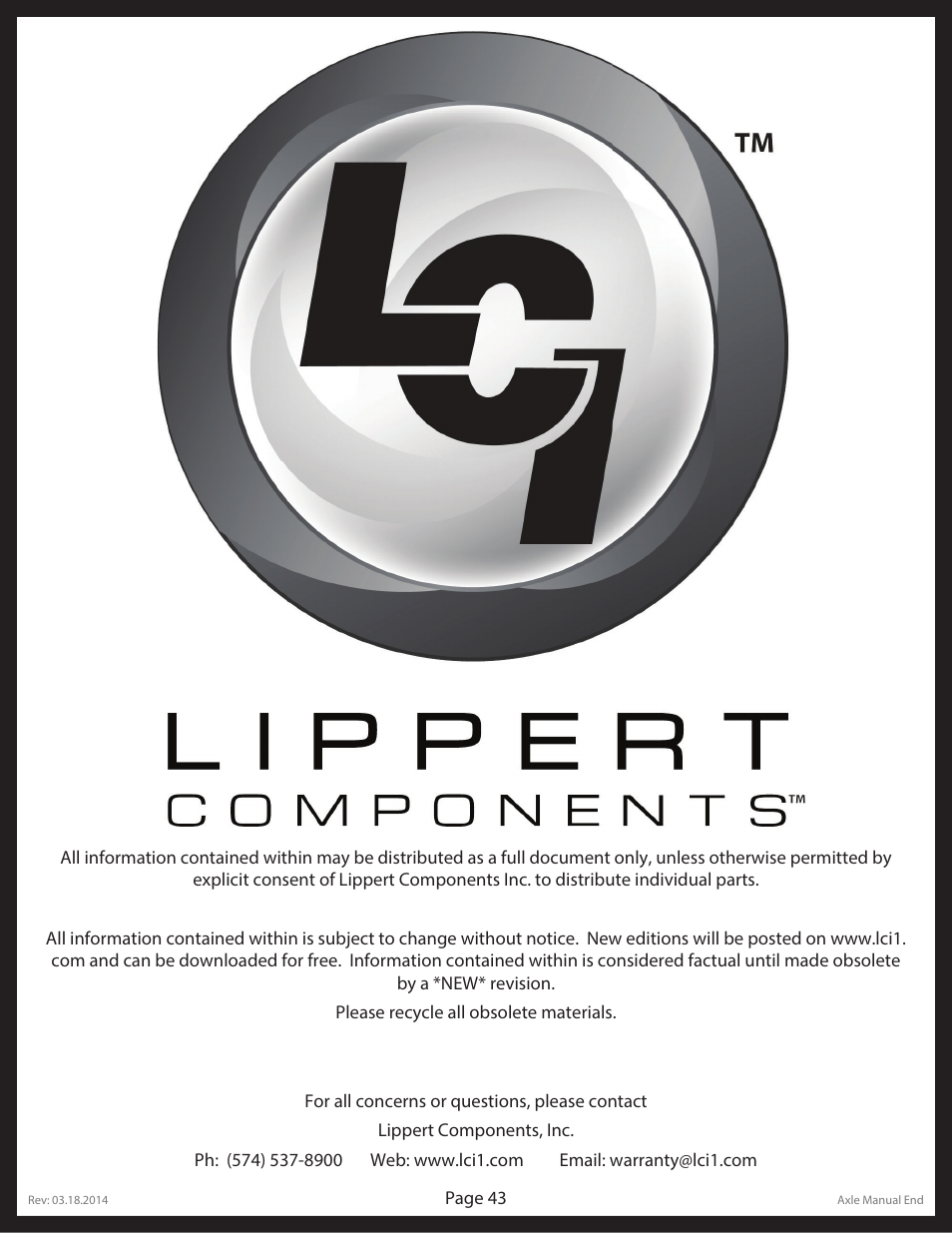 Lippert Components Trailer Axle (Standard) User Manual | Page 43 / 43