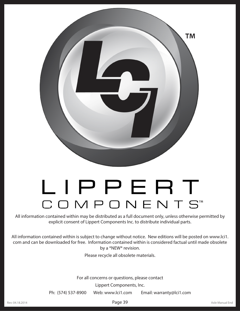 Lippert Components Trailer Axle (8-12K) User Manual | Page 39 / 39