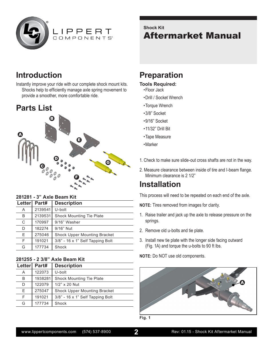 Aftermarket manual, Introduction, Preparation | Installation, Parts list | Lippert Components Shock Kit Aftermarket User Manual | Page 2 / 4