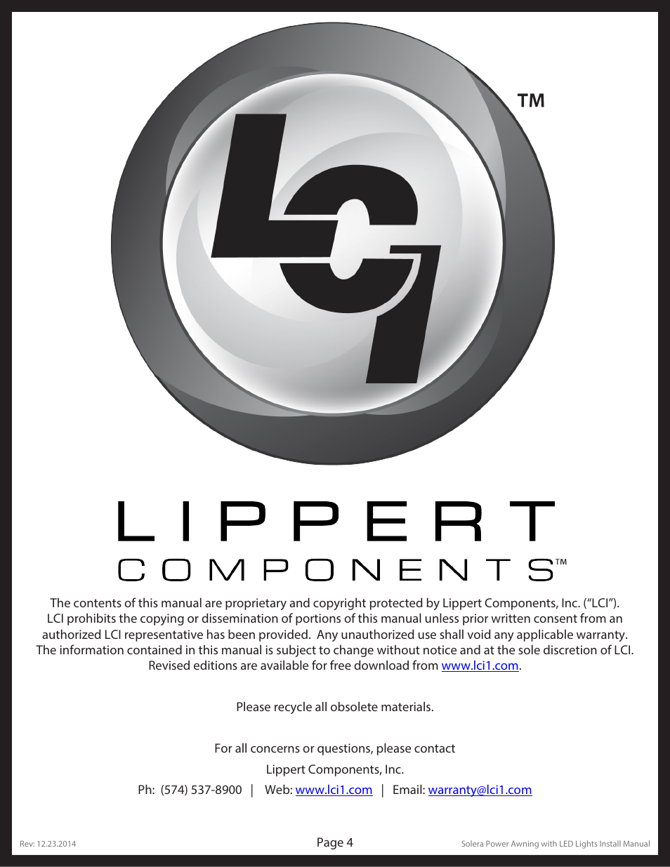 Lippert Components Solera Power Awning with LED Lights OEM User Manual | Page 4 / 4