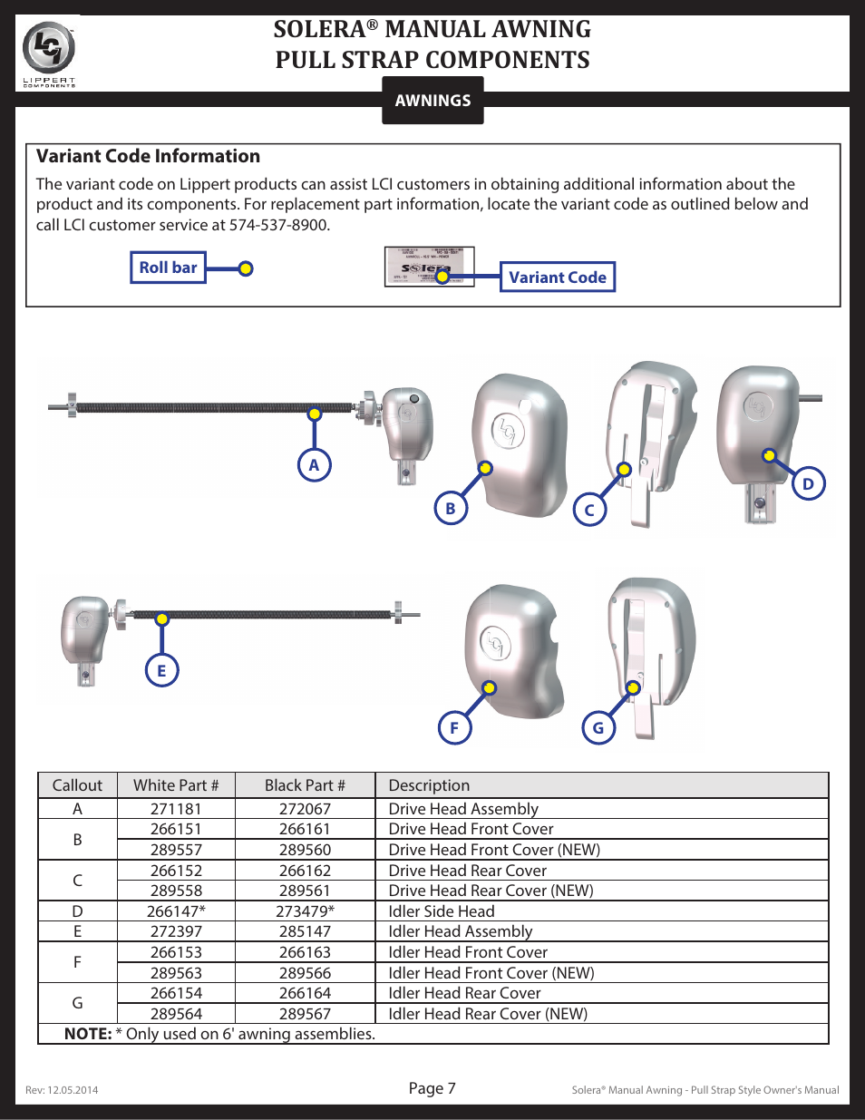 Solera, Manual awning pull strap assembly solera, Manual awning pull strap components | Lippert Components Solera® Manual Pull Strap Awning User Manual | Page 7 / 10