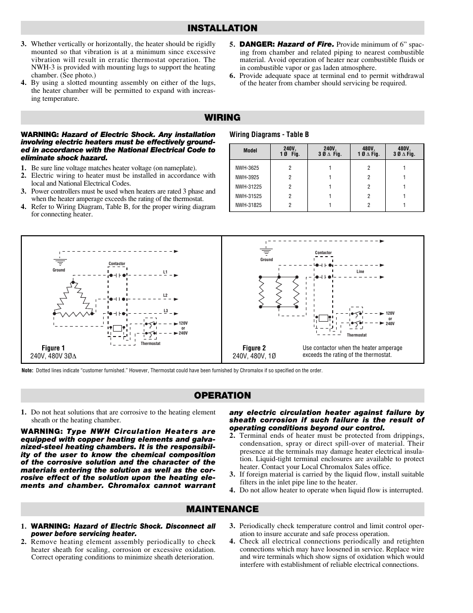 Operation, Maintenance, Wiring | Installation | Chromalox NWH-31525 User Manual | Page 2 / 4