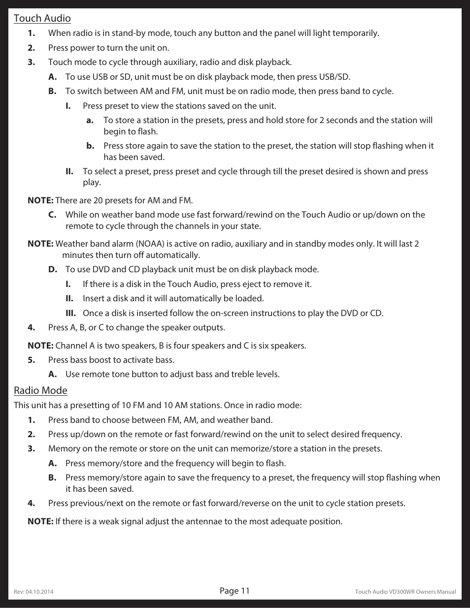 Lippert Components Touch Audio VD300WR User Manual | Page 11 / 16