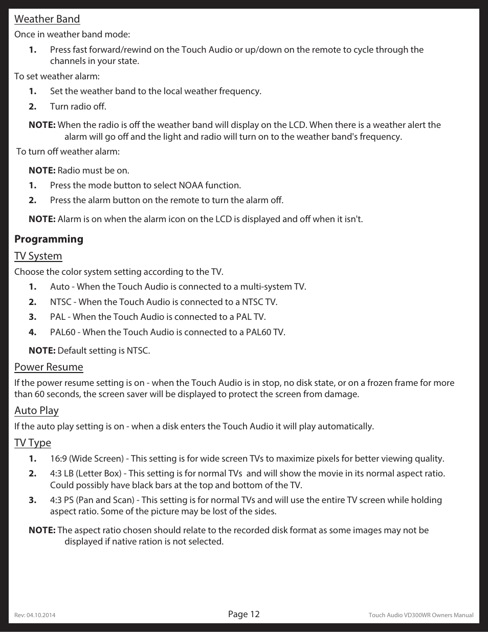 Lippert Components Touch Audio VD300WR User Manual | Page 12 / 16