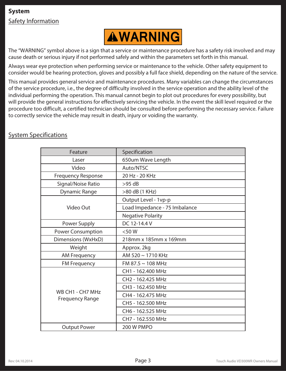 Lippert Components Touch Audio VD300WR User Manual | Page 3 / 16