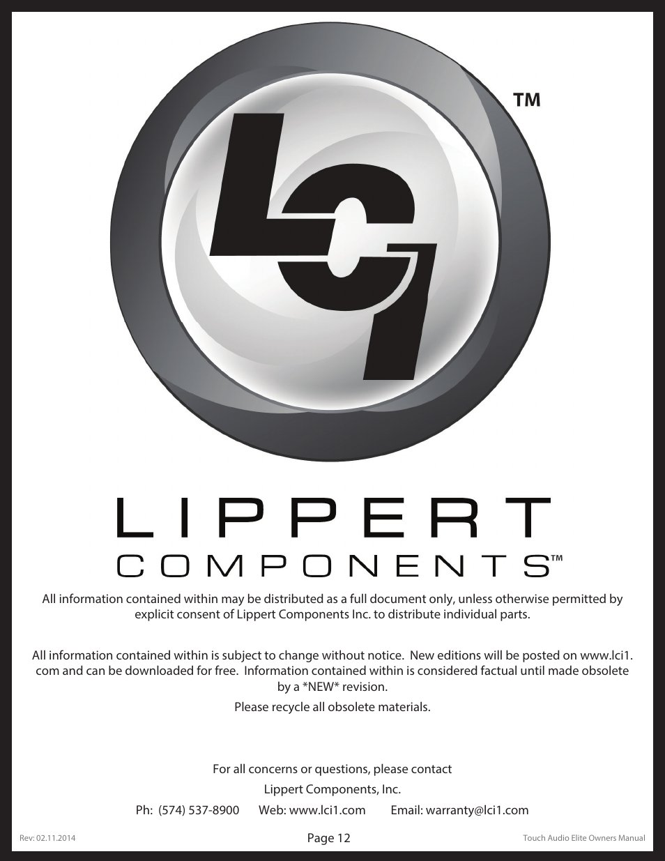 Lippert Components Touch Audio Elite User Manual | Page 12 / 12