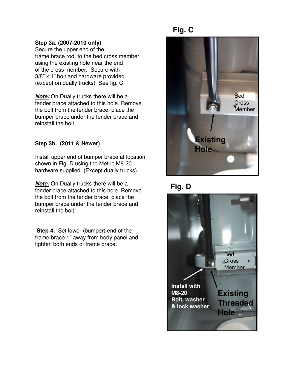 Existing hole, Existing threaded hole, Fig. c | Fig. d | Lippert Components CBB07 Bumper Brace Installaion User Manual | Page 2 / 2