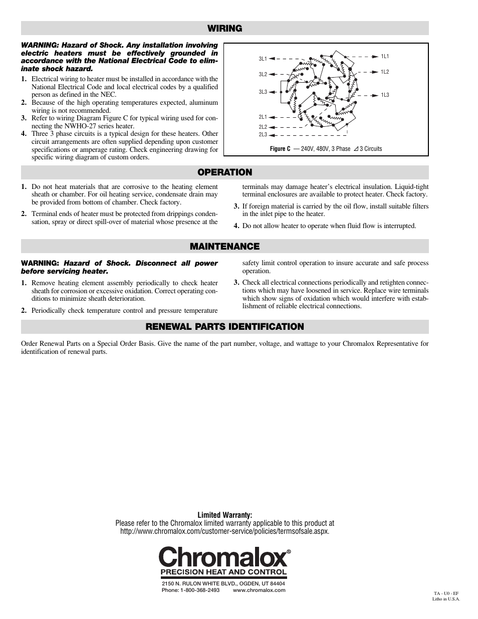 Wiring, Operation, Maintenance | Renewal parts identification | Chromalox NWHO(F)-27 User Manual | Page 2 / 2