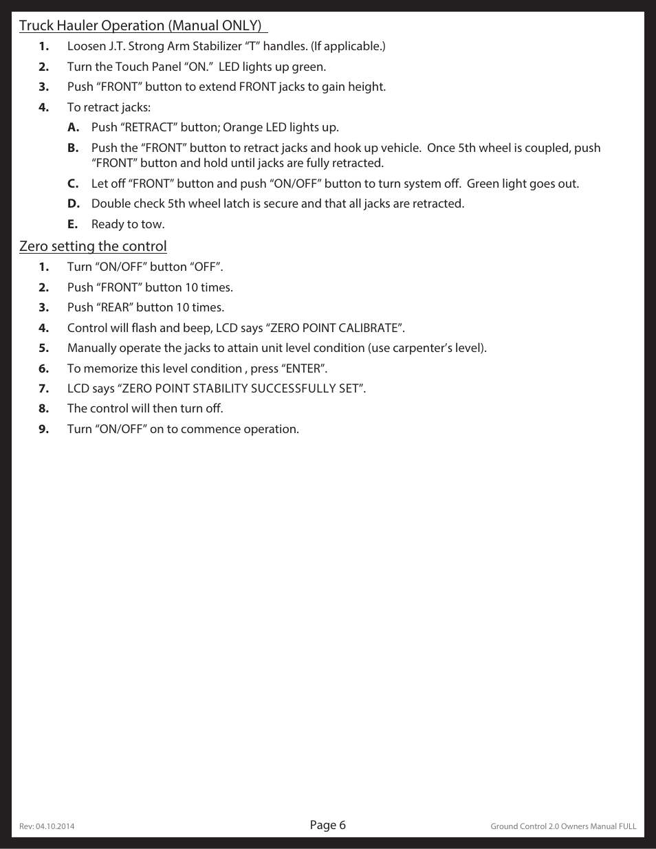 Truck hauler operation (manual only), Zero setting the control | Lippert Components Ground Control 2.0 User Manual | Page 6 / 12