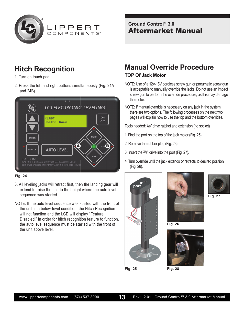 Hitch recognition, Manual override procedure, Aftermarket manual | Lippert Components Ground Control 3.0 Aftermarket User Manual | Page 13 / 20