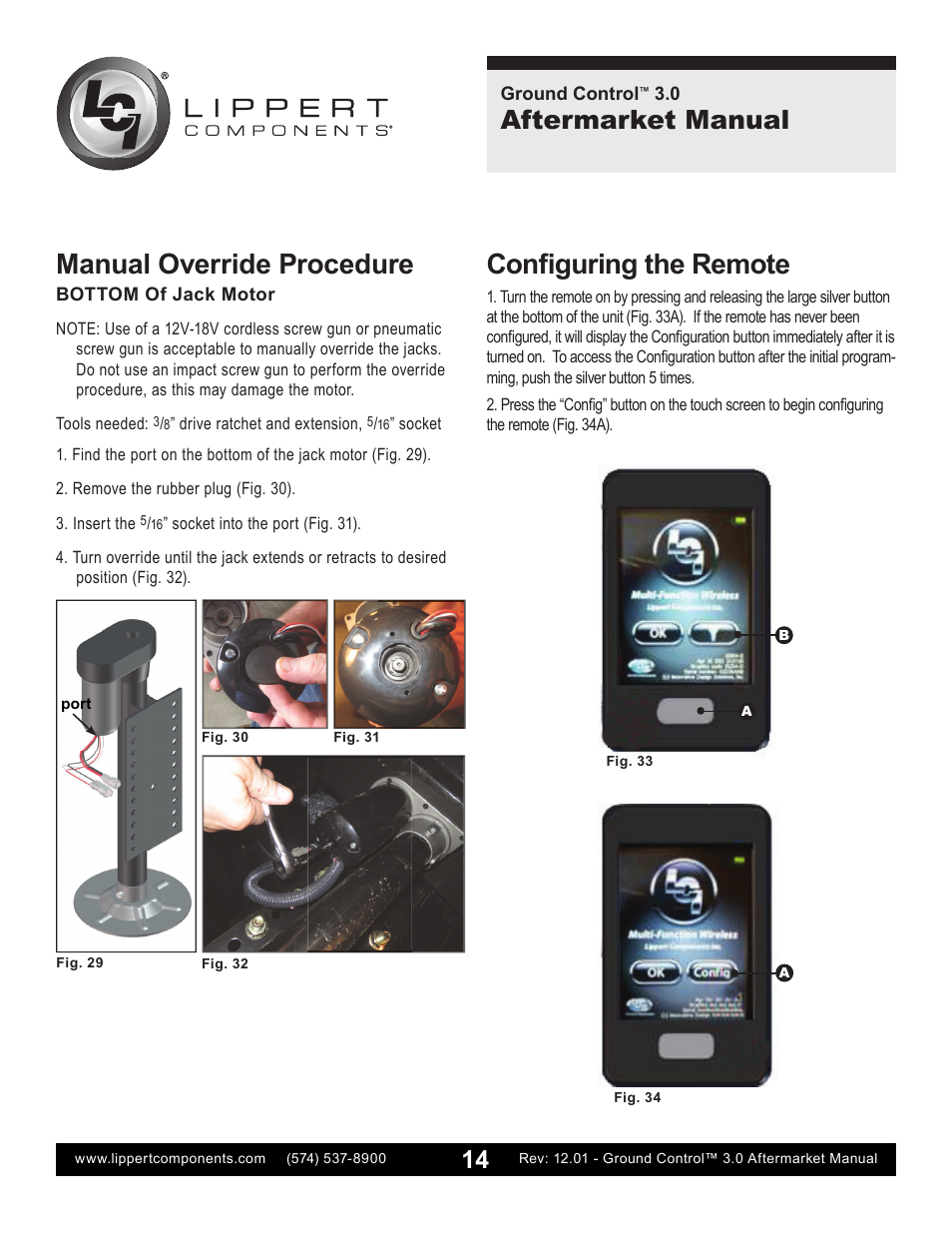 Conﬁ guring the remote, Manual override procedure, Aftermarket manual | Lippert Components Ground Control 3.0 Aftermarket User Manual | Page 14 / 20