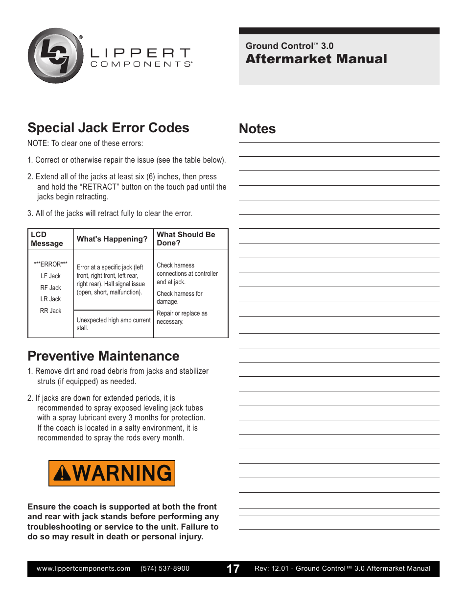 Preventive maintenance, Special jack error codes, Aftermarket manual | Lippert Components Ground Control 3.0 Aftermarket User Manual | Page 17 / 20