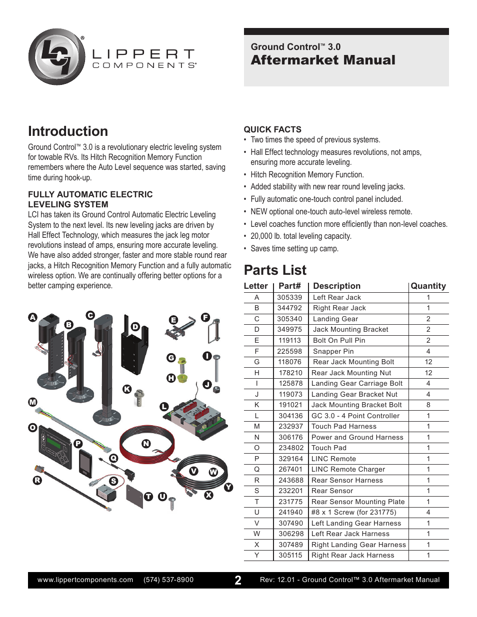 Introduction, Parts list, Aftermarket manual | Lippert Components Ground Control 3.0 Aftermarket User Manual | Page 2 / 20