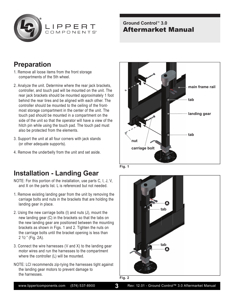 Preparation, Installation - landing gear, Aftermarket manual | Lippert Components Ground Control 3.0 Aftermarket User Manual | Page 3 / 20