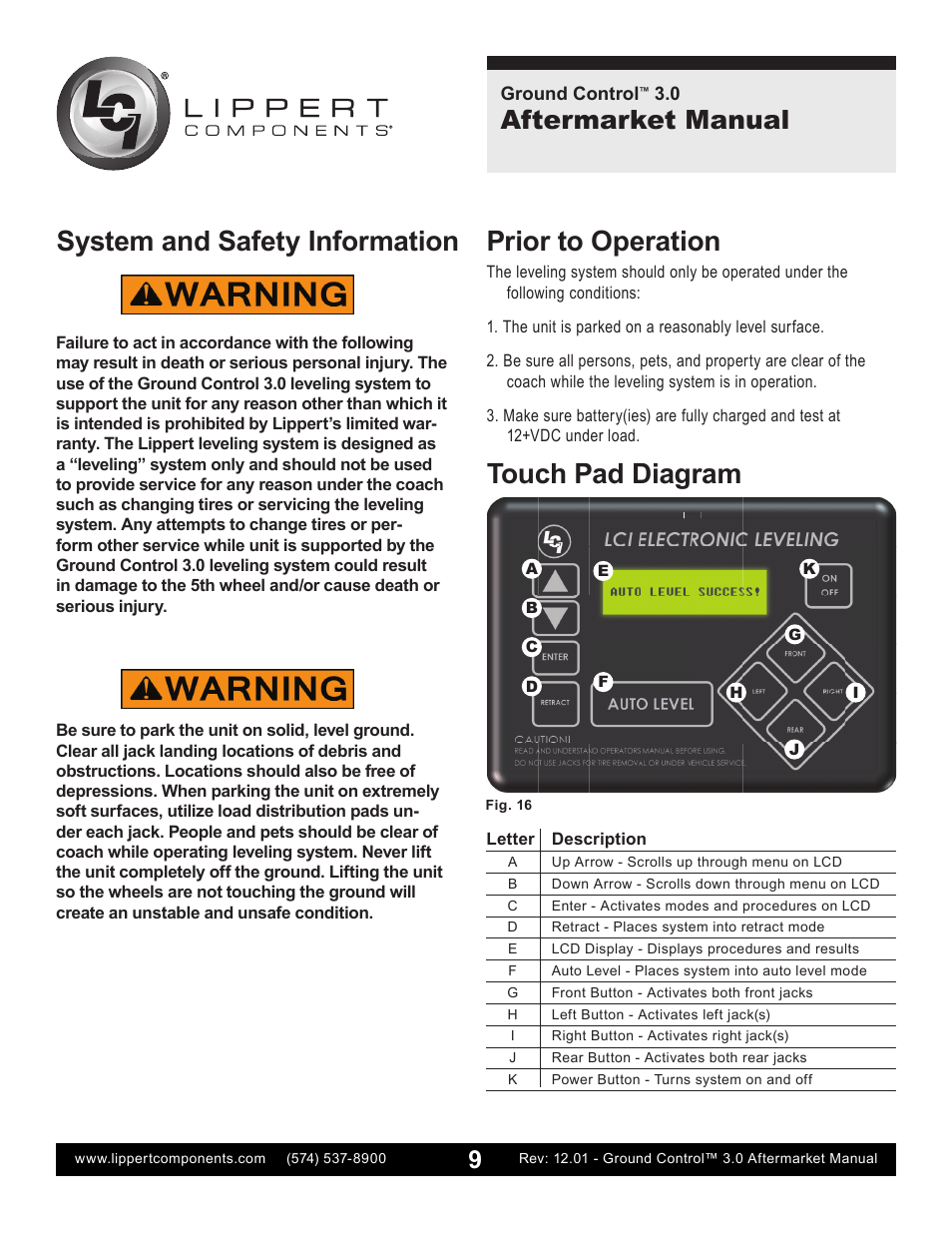 System and safety information, Prior to operation, Touch pad diagram | Aftermarket manual | Lippert Components Ground Control 3.0 Aftermarket User Manual | Page 9 / 20