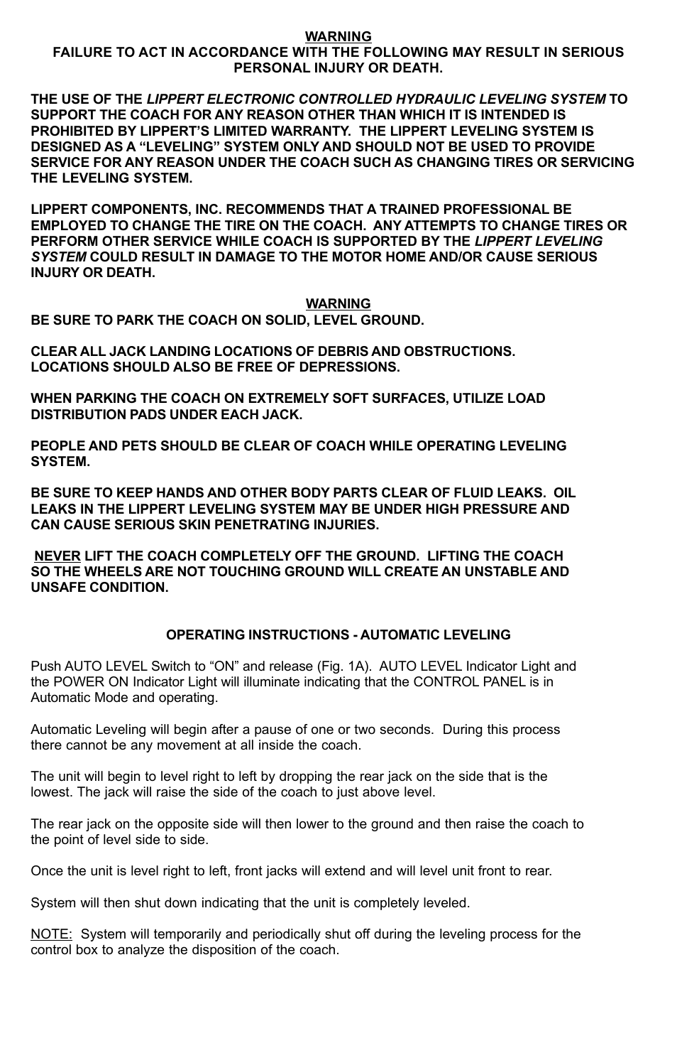 Lippert Components LCI’s Motor Home Electronic Controlled Hydraulic Leveling System Automatic Controls Addendum User Manual | Page 3 / 4