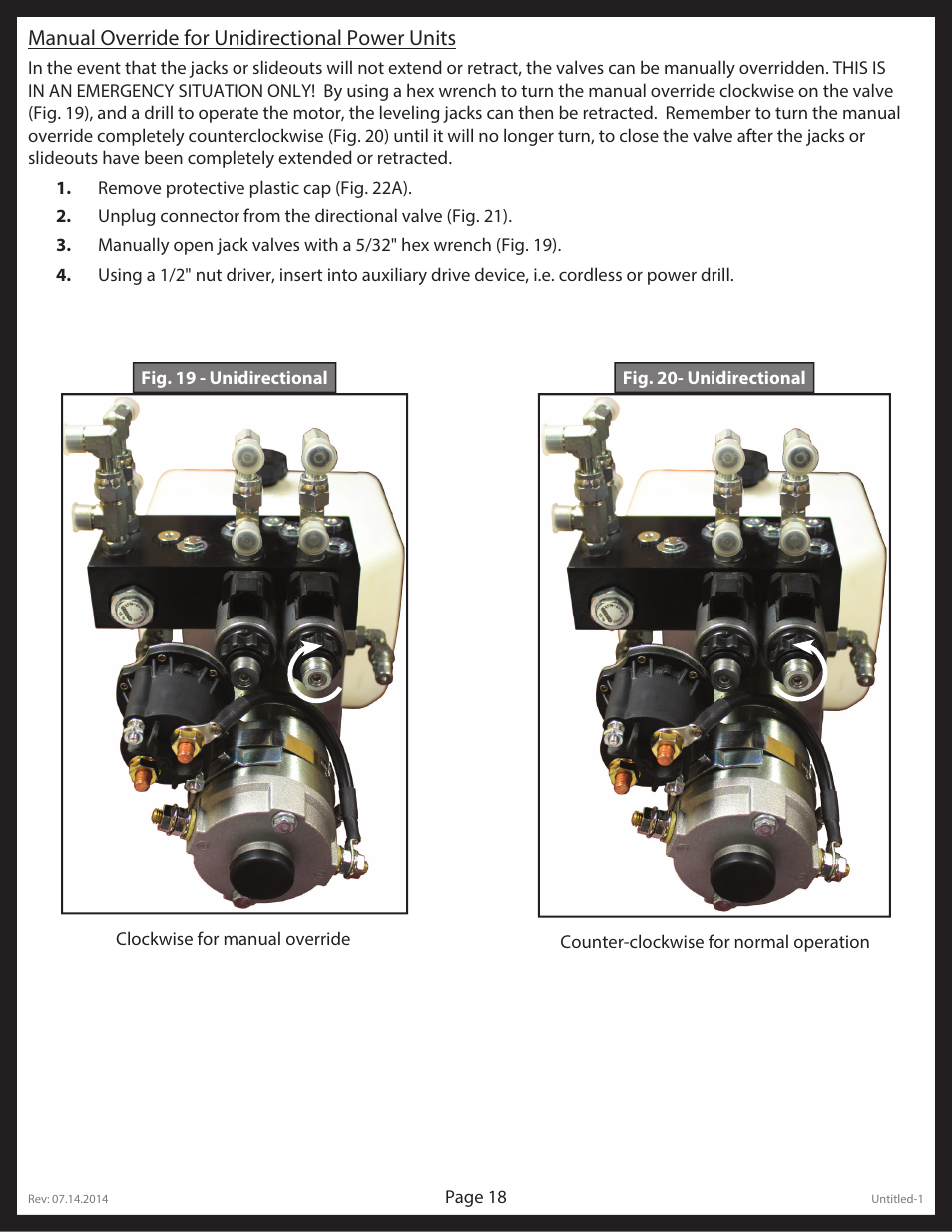 Manual override for unidirectional power units | Lippert Components LCI Electronic/Hydraulic Leveling & Slideout User Manual | Page 18 / 31