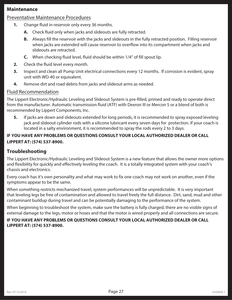 Lippert Components LCI Electronic/Hydraulic Leveling & Slideout User Manual | Page 27 / 31