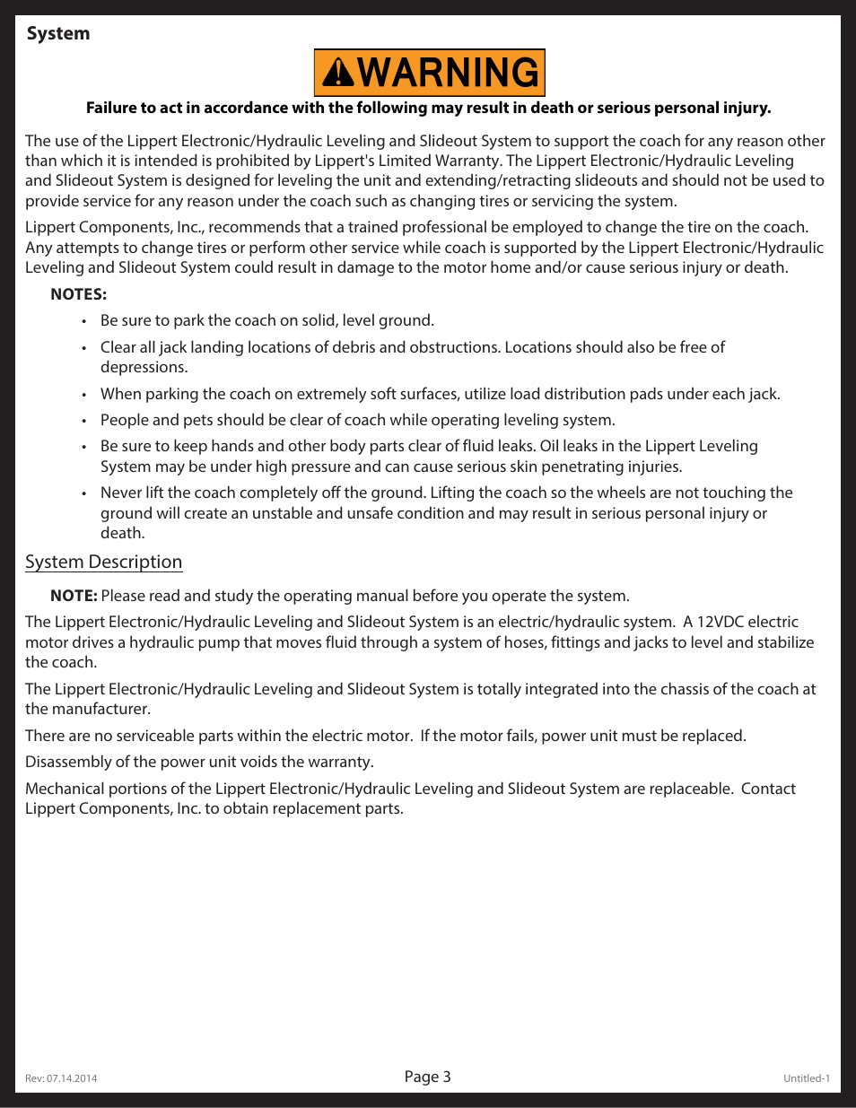 Lippert Components LCI Electronic/Hydraulic Leveling & Slideout User Manual | Page 3 / 31
