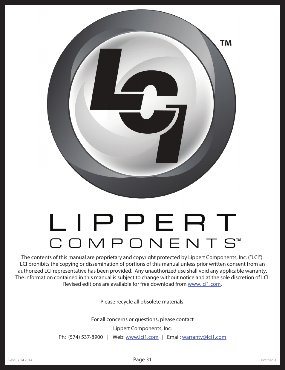Lippert Components LCI Electronic/Hydraulic Leveling & Slideout User Manual | Page 31 / 31