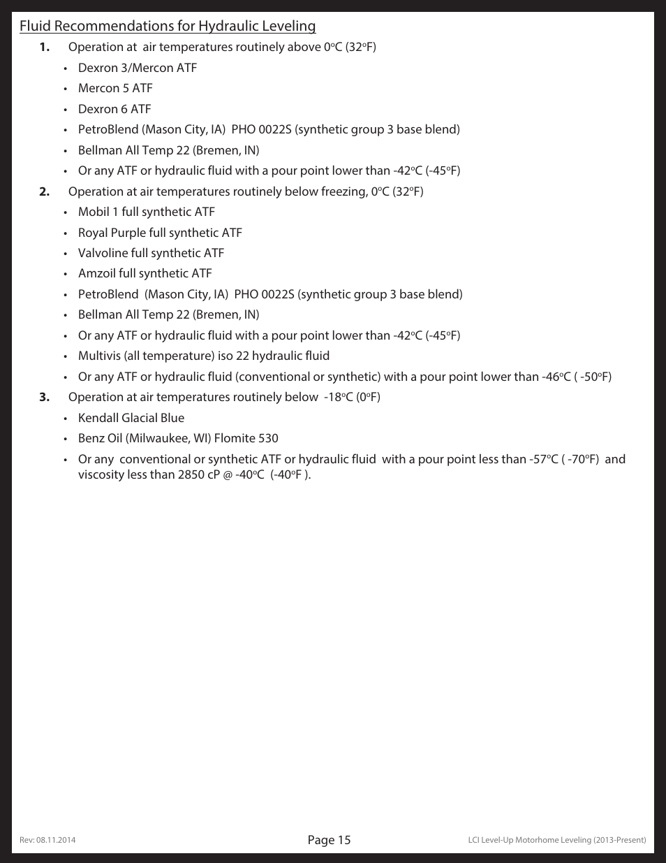 Fluid recommendations for hydraulic leveling | Lippert Components LCI Level-Up Motorhome Leveling (2013-present) User Manual | Page 15 / 20