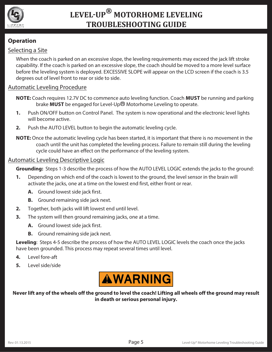Level-up, Motorhome leveling troubleshooting guide level-up, Motorhome leveling troubleshooting guide | Lippert Components Level-Up Motorhome Leveling User Manual | Page 5 / 10