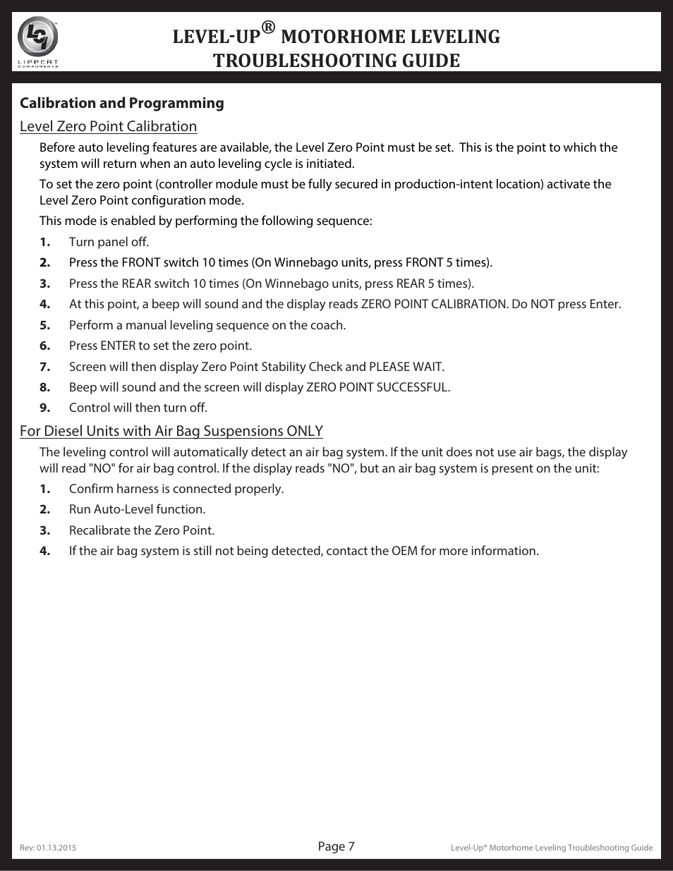 Level-up, Motorhome leveling troubleshooting guide | Lippert Components Level-Up Motorhome Leveling User Manual | Page 7 / 10