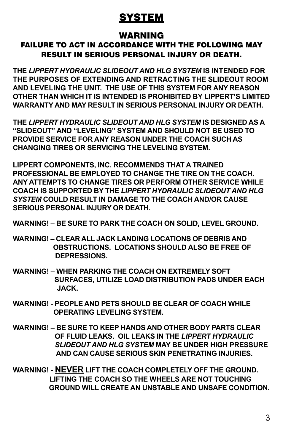 System | Lippert Components 5th Wheel Hydraulic Slideout And Landing Gear (hlg) System User Manual | Page 3 / 31