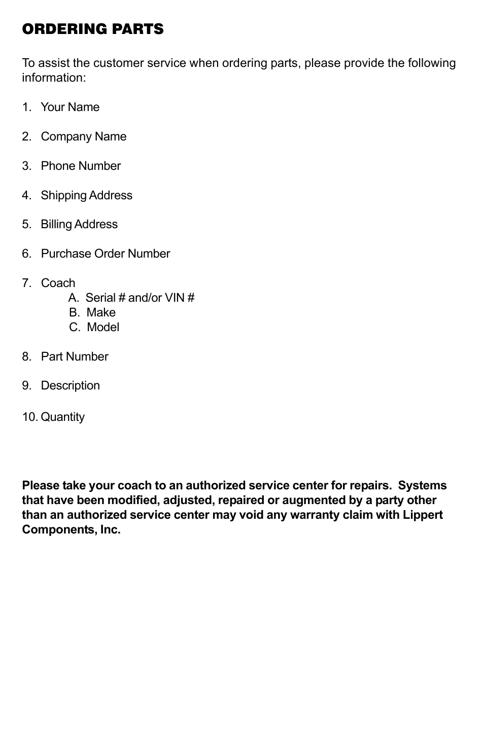 Ordering parts | Lippert Components 5th Wheel Hydraulic Slideout And Landing Gear (hlg) System User Manual | Page 31 / 31