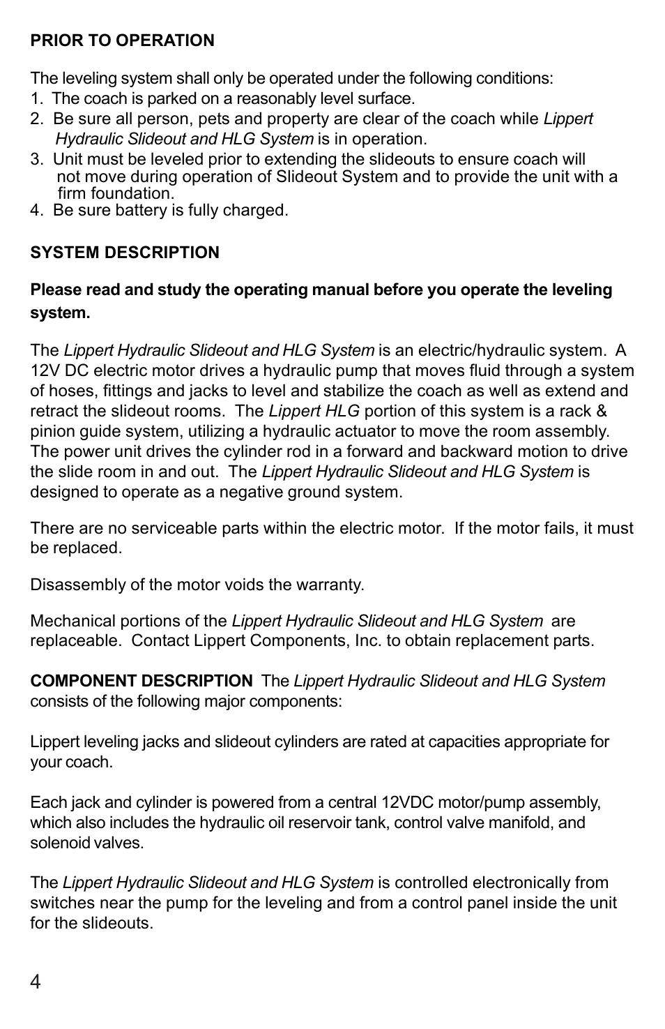 Lippert Components 5th Wheel Hydraulic Slideout And Landing Gear (hlg) System User Manual | Page 4 / 31