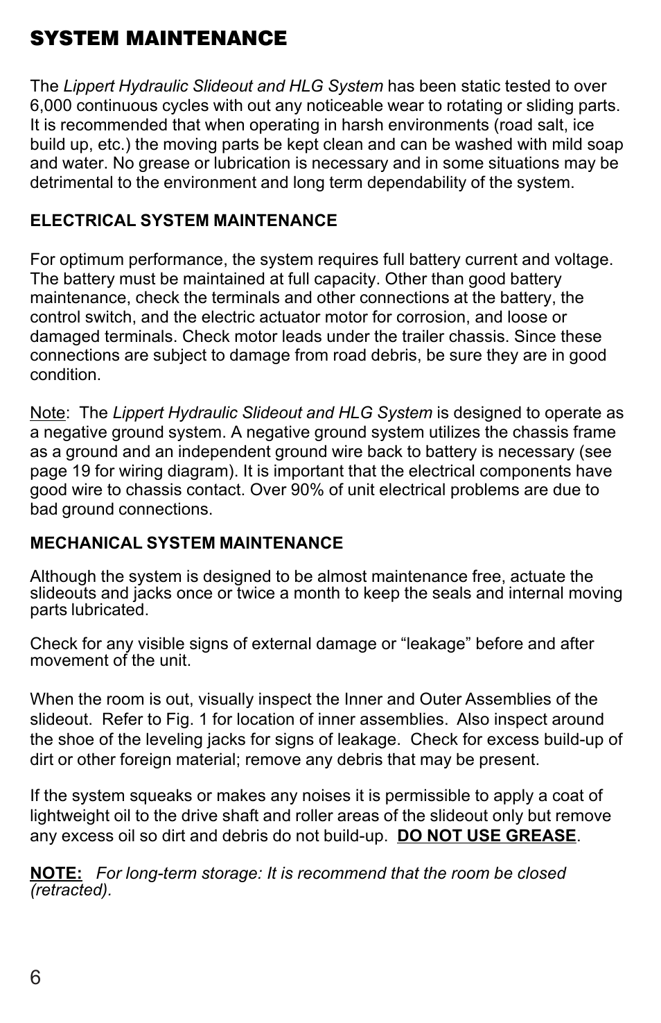 System maintenance | Lippert Components 5th Wheel Hydraulic Slideout And Landing Gear (hlg) System User Manual | Page 6 / 31
