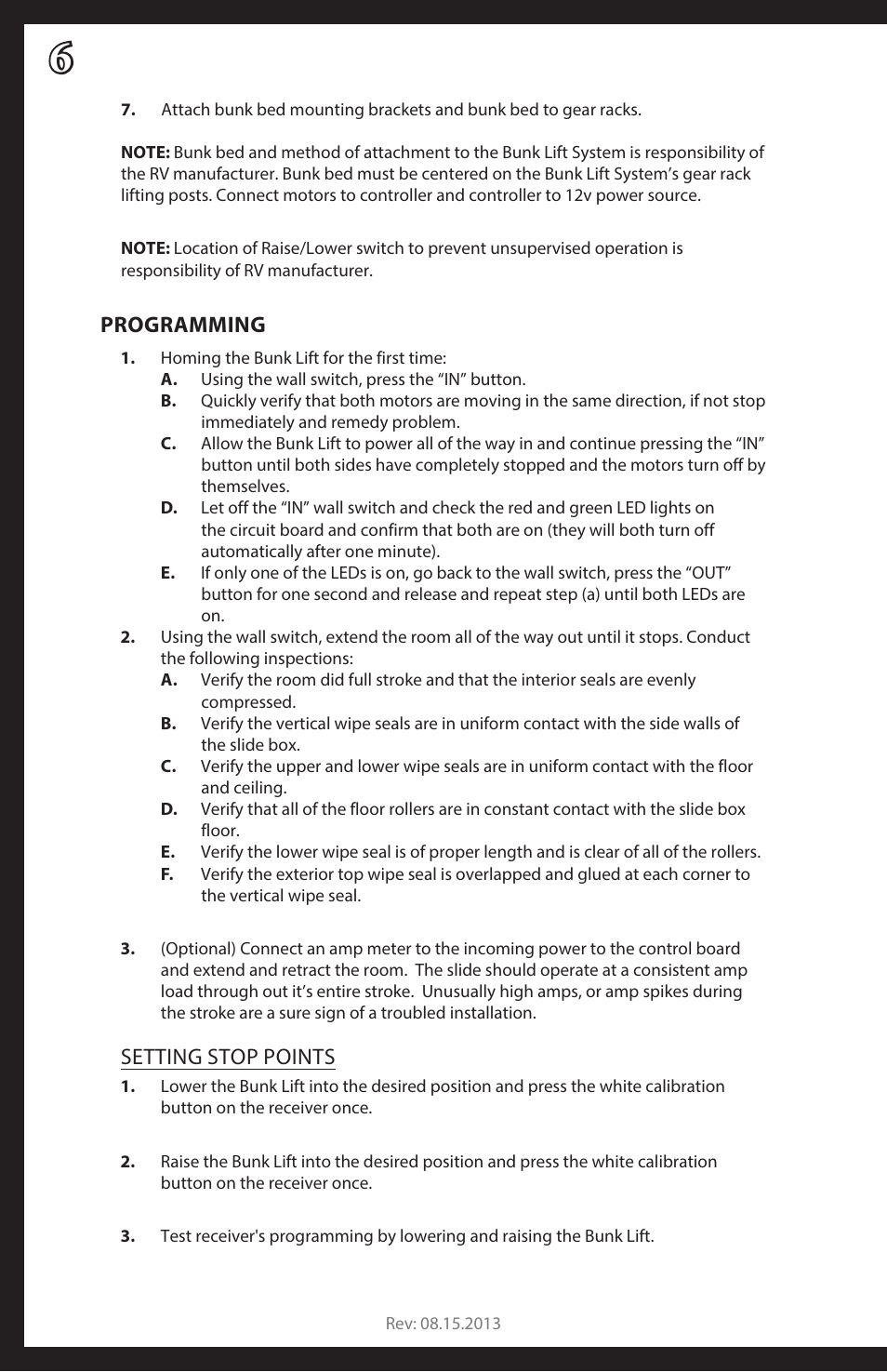 Programming, Setting stop points | Lippert Components Schwintek Bunk Lift User Manual | Page 6 / 8