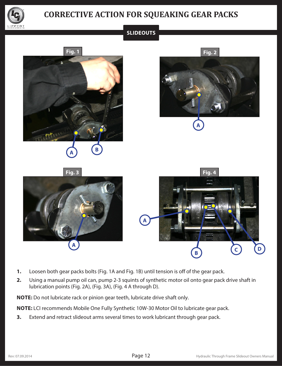 Corrective action for squeaking gear packs | Lippert Components Hydraulic Through Frame Slideout User Manual | Page 12 / 36