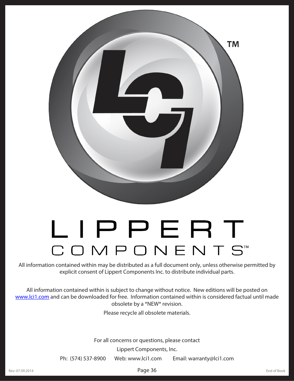 Lippert Components Hydraulic Through Frame Slideout User Manual | Page 36 / 36