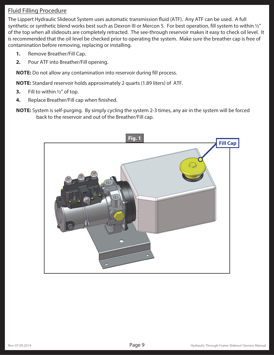 Fluid filling procedure | Lippert Components Hydraulic Through Frame Slideout User Manual | Page 9 / 36