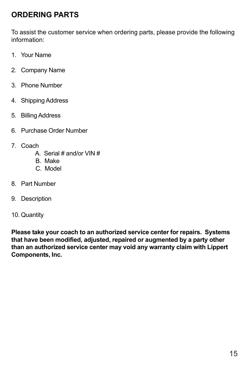 15 ordering parts | Lippert Components 2 X 3 Slideout System User Manual | Page 15 / 15