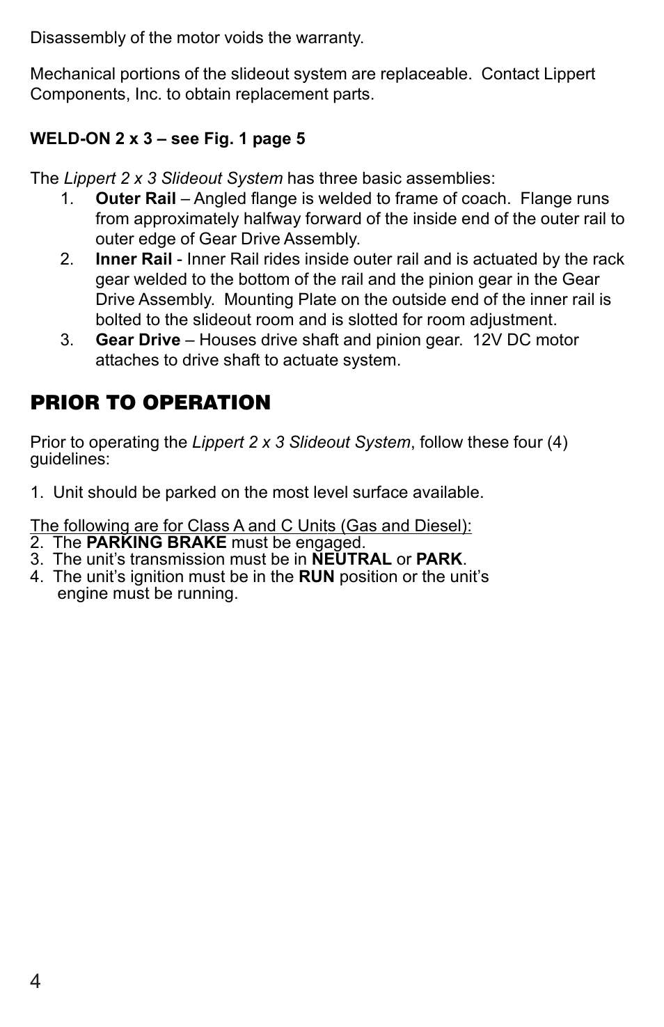 Prior to operation | Lippert Components 2 X 3 Slideout System User Manual | Page 4 / 15